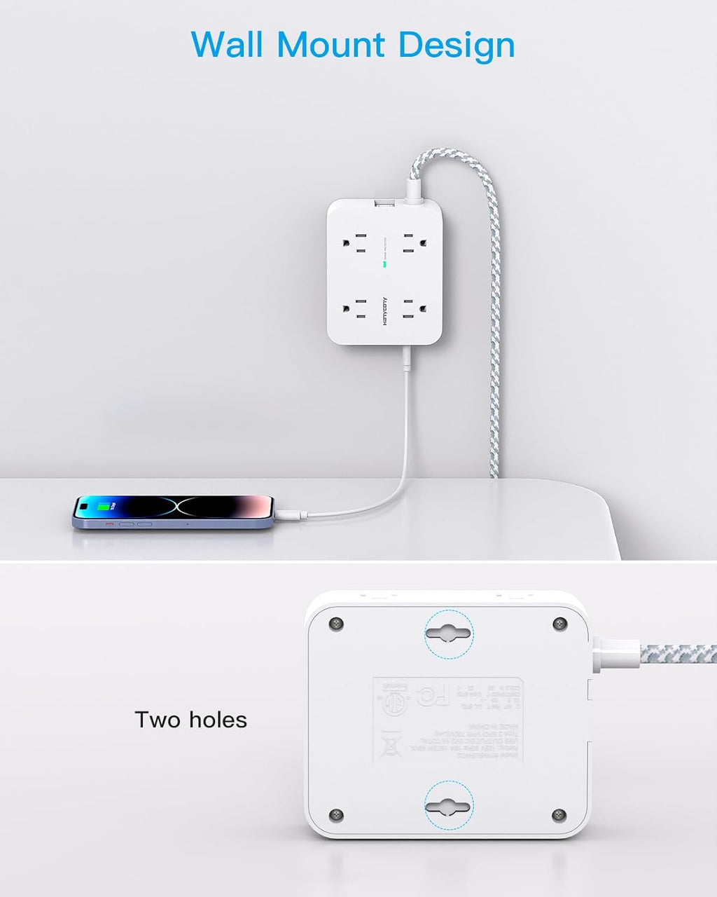 Surge Protector Power Strip - HANYCONY 8 Outlets 4 USB (2 USB C) Charging Ports, Multi Plug Outlet Extender, 5Ft Braided Extension Cord, Flat Plug Wall Mount Desk Charging Station for Home Office ETL