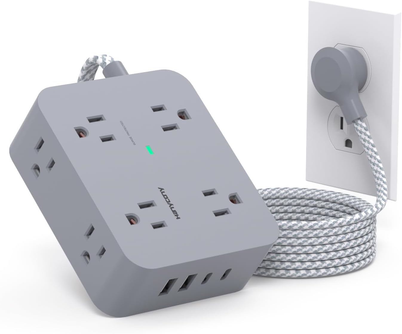 Surge Protector Power Strip - HANYCONY 8 Outlets 4 USB (2 USB C) Charging Ports, Multi Plug Outlet Extender, 5Ft Braided Extension Cord, Flat Plug Wall Mount Desk Charging Station for Home Office ETL