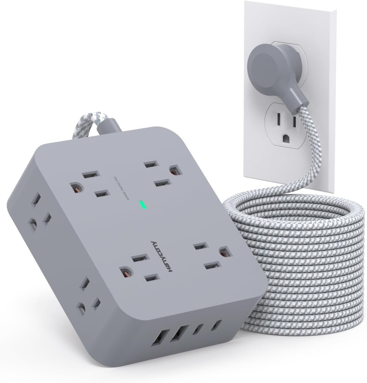 Surge Protector Power Strip - HANYCONY 8 Outlets 4 USB (2 USB C) Charging Ports, Multi Plug Outlet Extender, 5Ft Braided Extension Cord, Flat Plug Wall Mount Desk Charging Station for Home Office ETL