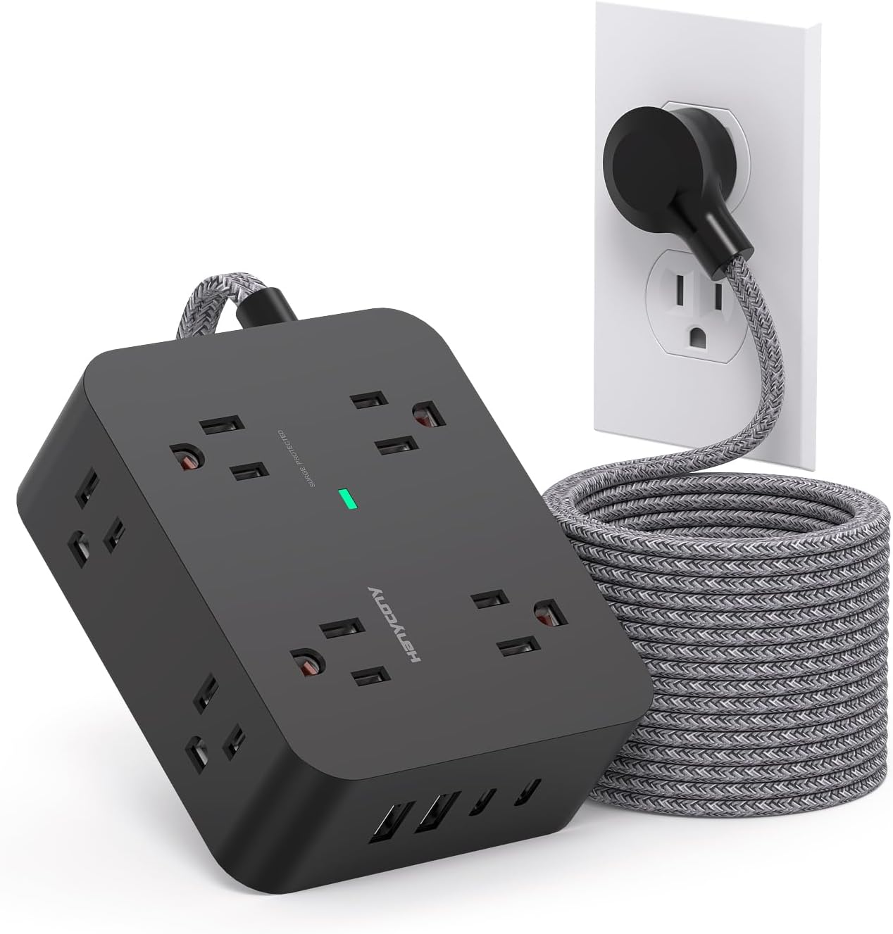 Surge Protector Power Strip - HANYCONY 8 Outlets 4 USB (2 USB C) Charging Ports, Multi Plug Outlet Extender, 5Ft Braided Extension Cord, Flat Plug Wall Mount Desk Charging Station for Home Office ETL